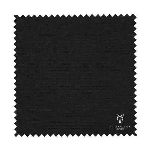 Black fabric swatch with 'Suits Outlets' branding on a white background