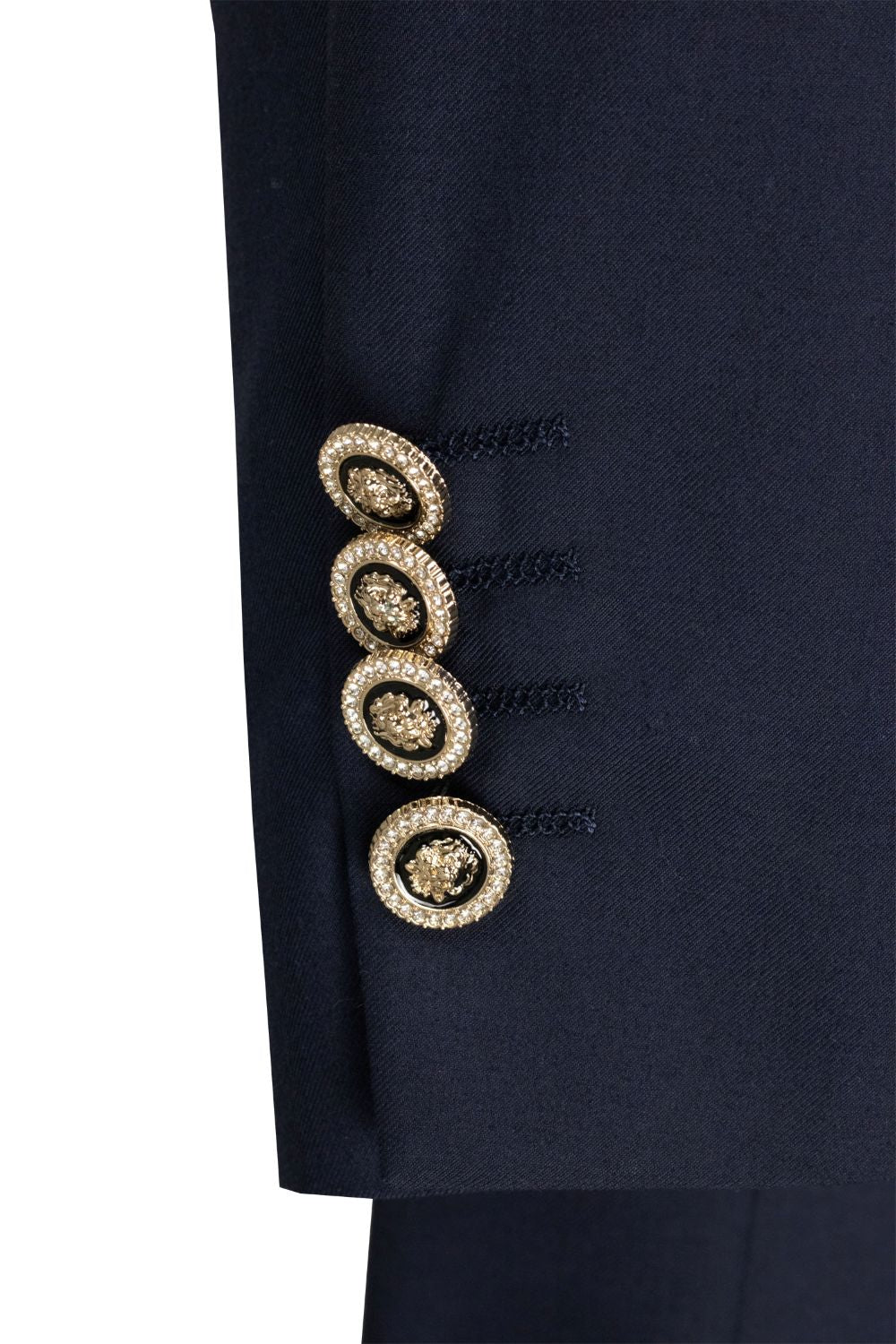 Navy blue suit jacket with decorative gold buttons on a white background