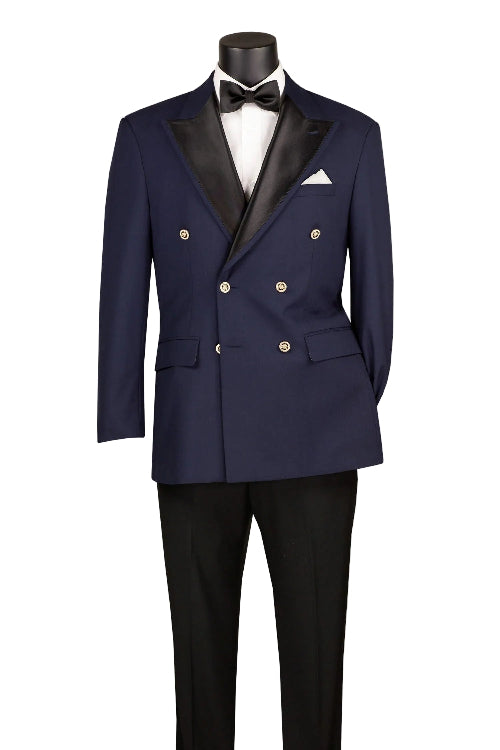 Navy blue tuxedo with black lapels on a mannequin against a white background