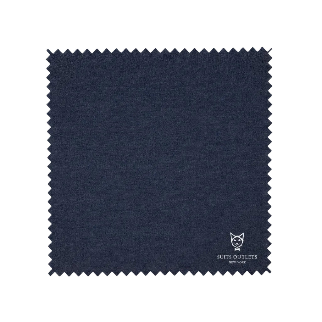 Navy blue fabric swatch with 'Suits Outlets' logo on a white background