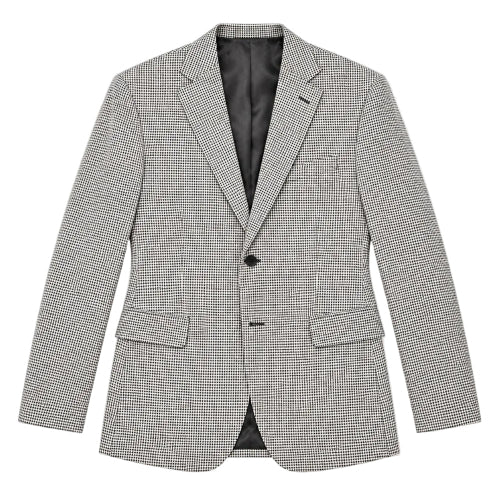 A men's single-breasted blazer in a small-scale black and white micro-houndstooth pattern, shown flat against a solid white background.