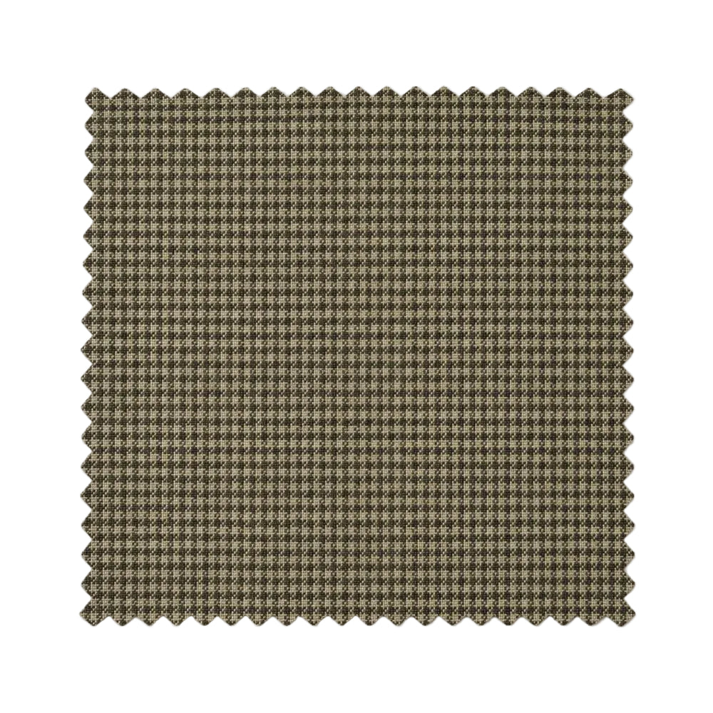 A square fabric swatch with scalloped edges, featuring a fine micro-check pattern in olive green and beige, shown on a plain white background.