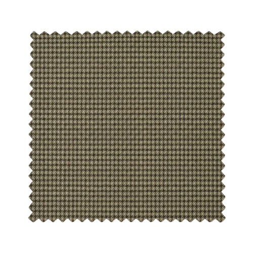A square fabric swatch with scalloped edges, featuring a fine micro-check pattern in olive green and beige, shown on a plain white background.