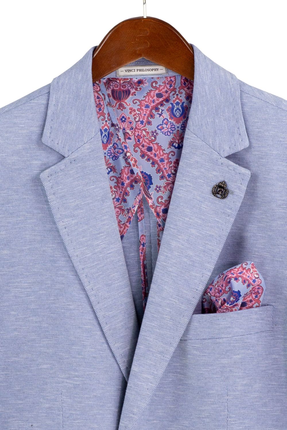 Vinci Light Blue Modern Fit Textured Pick Stitch Blazer jacket, solid pattern, showing collar and buttons.