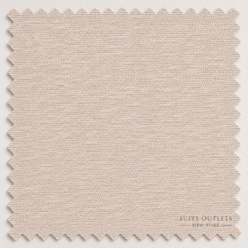 A square fabric swatch with scalloped edges in a light warm beige/taupe woven texture, shown on a plain light background. The text 'SUITS OUTLETS NEW YORK' appears in the lower right corner of the swatch.