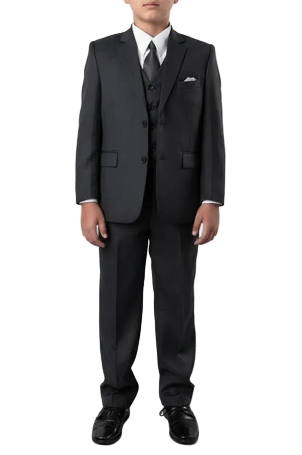 Dark Gray Boy suit with vest and tie on a gray background