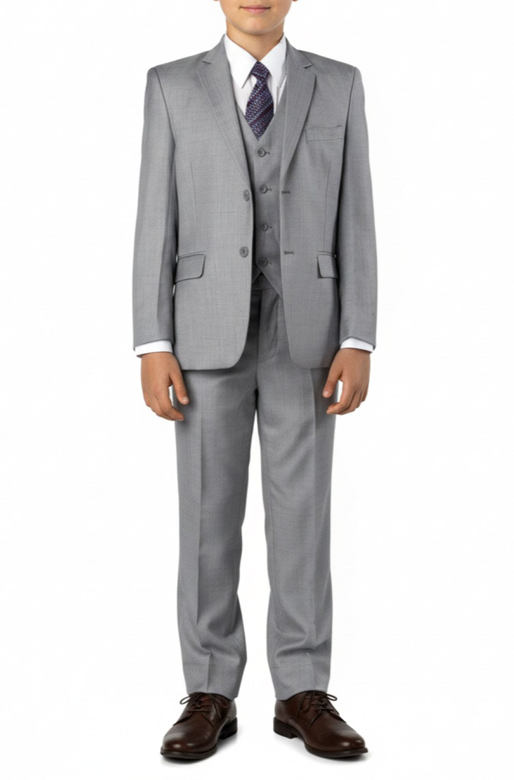 Gray Boy suit with vest and dress shoes on a white background