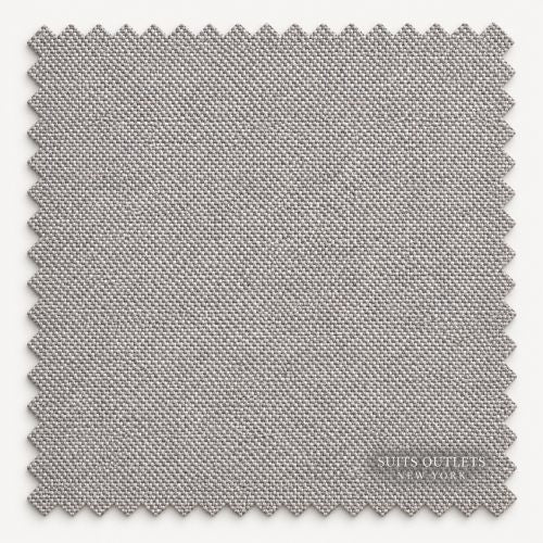 A square fabric swatch with zigzag-cut edges in a light gray woven material, shown on a white background. The text 'SUITS OUTLET NEW YORK' is printed near the lower right corner of the fabric.