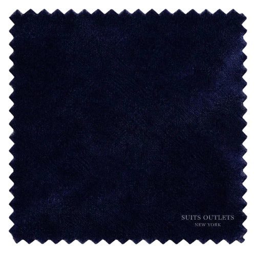 A square fabric swatch with serrated edges in a very dark navy blue color, featuring a small white 'SUITS OUTLETS NEW YORK' logo in the bottom right corner, set against a plain white background.