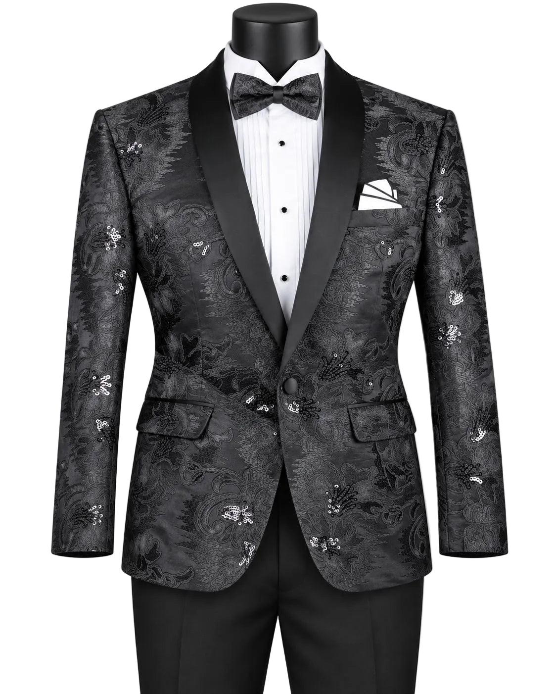 Black Embroidery Slim Fit Jacket Shawl Lapel