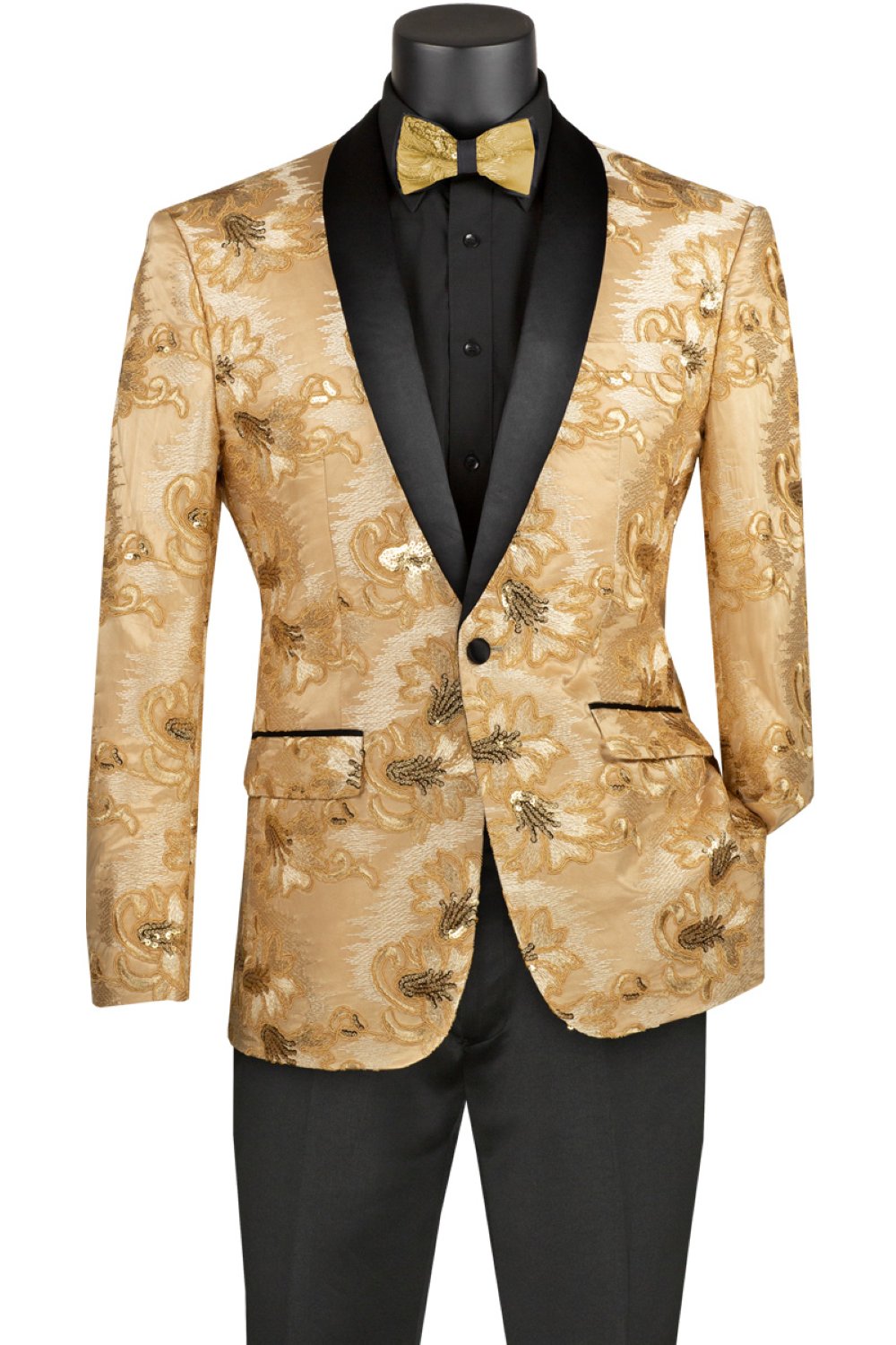 Champagne Embroidery Slim Fit Jacket Shawl Lapel with Bow Tie
