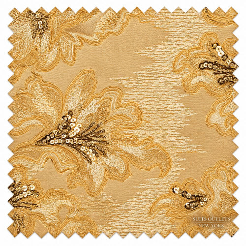 A square fabric swatch with scalloped edges, featuring a gold and beige floral pattern with sequined details. The brand name 'Suits Outlets New York' is printed in the bottom right corner.