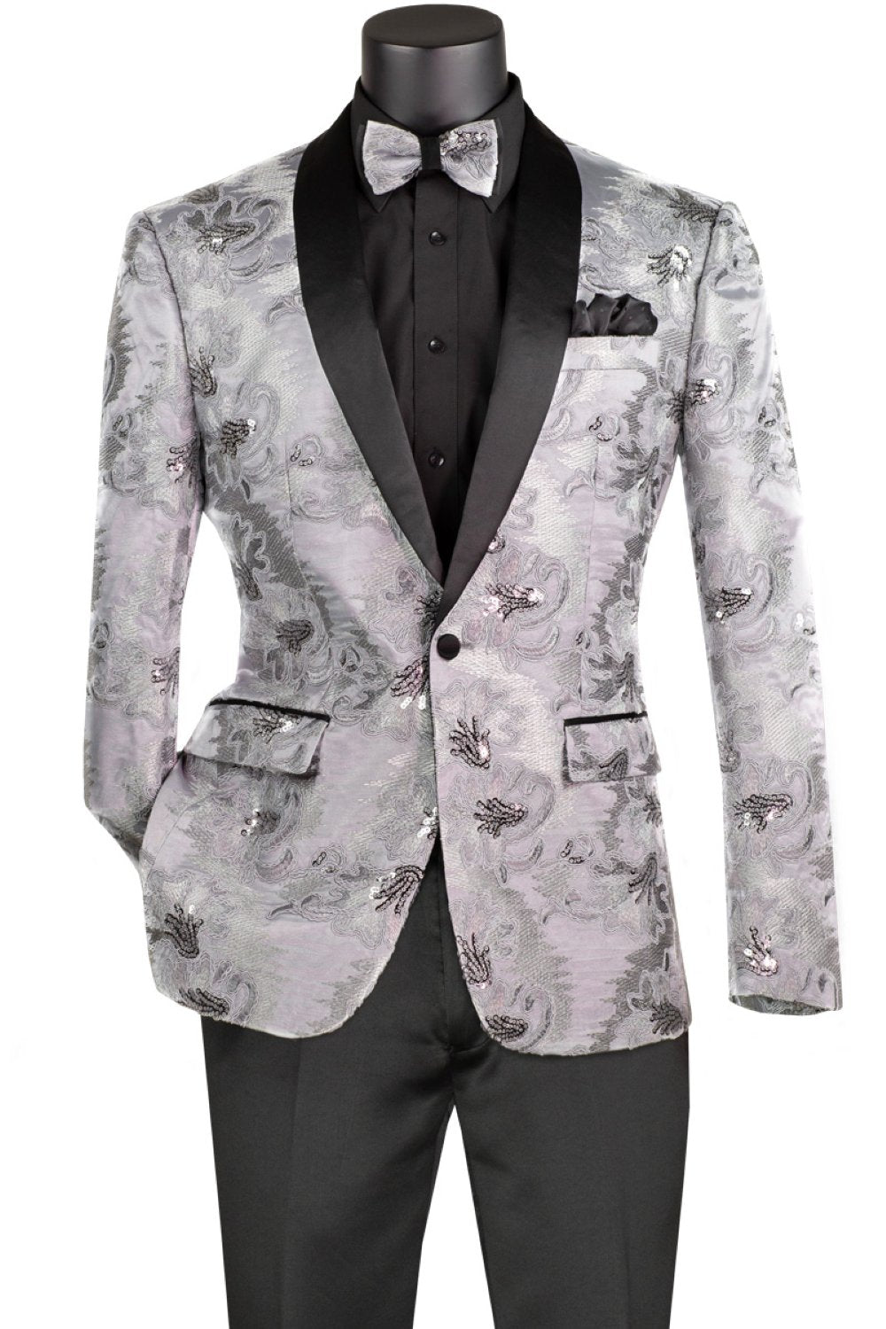 Silver Embroidery Slim Fit Jacket Shawl Lapel with Bow Tie
