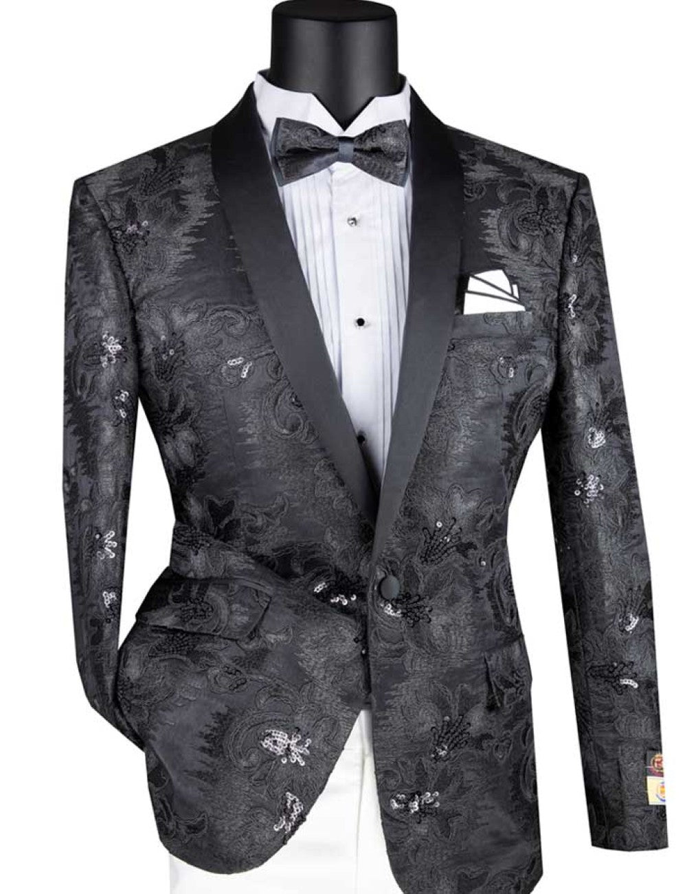 Black Embroidery Slim Fit Jacket Shawl Lapel with Bow Tie
