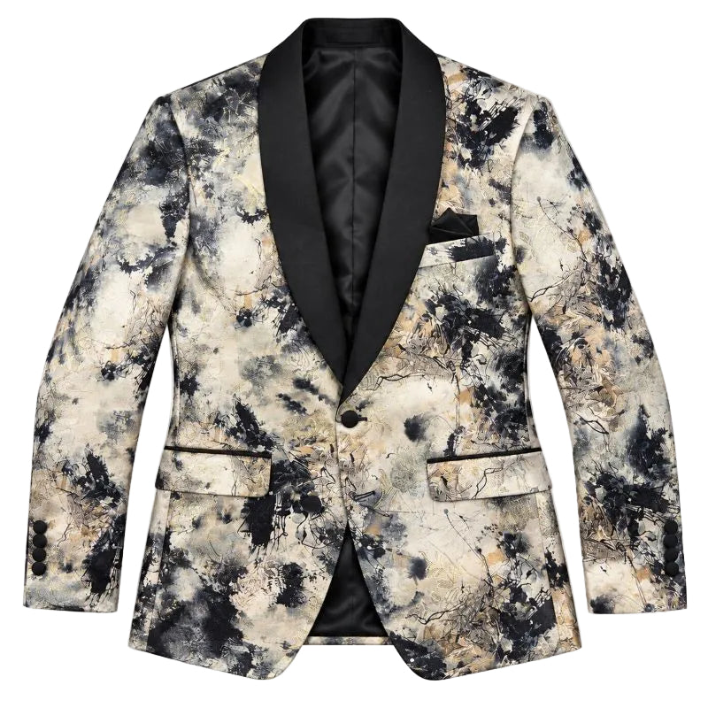 A men's single-breasted blazer with a black shawl collar and a beige, black, and gray abstract watercolor-style print body, shown on a plain white background.