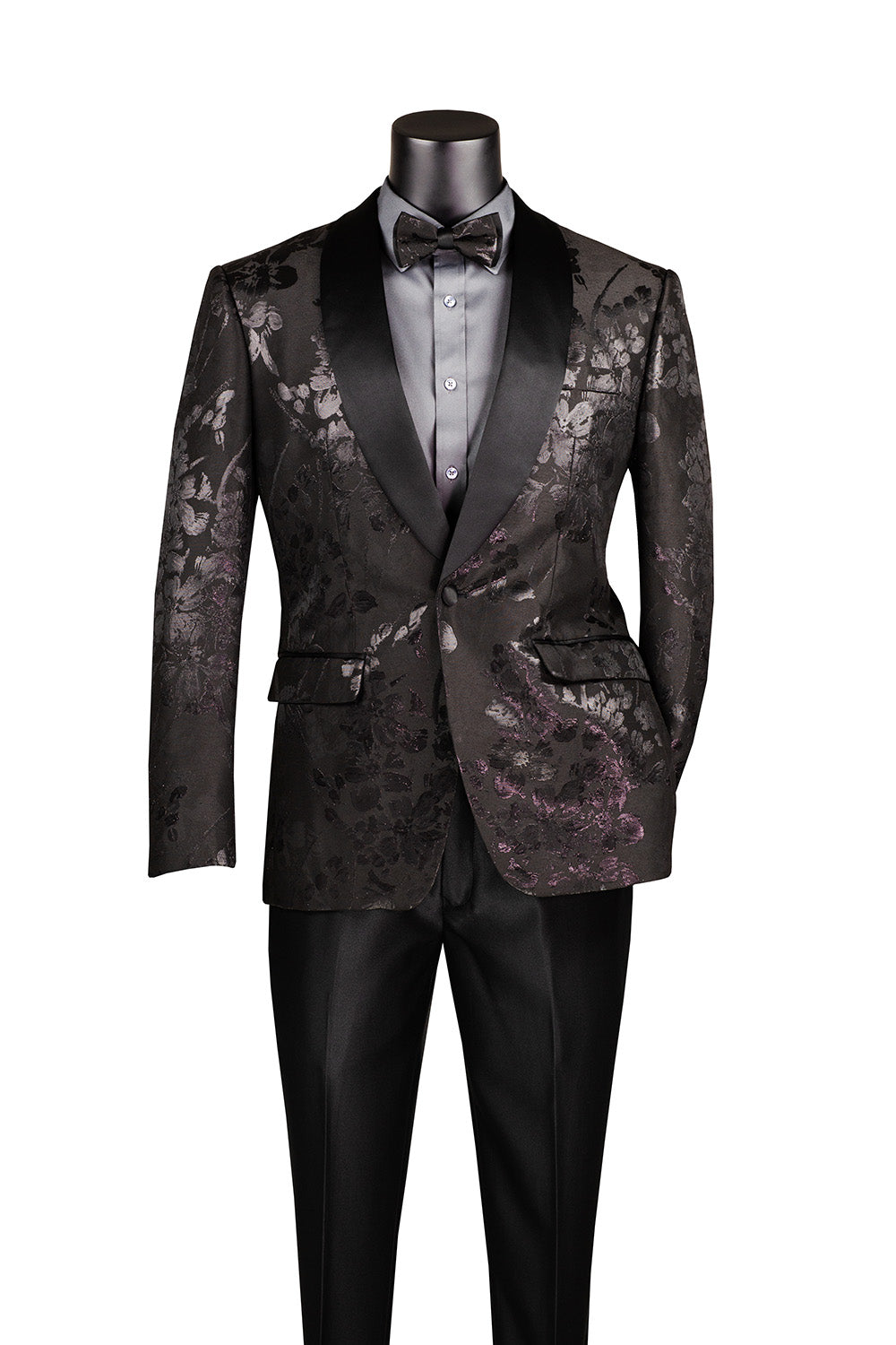 Black Slim Fit Fashion Jacket Shawl Lapel with Bow Tie