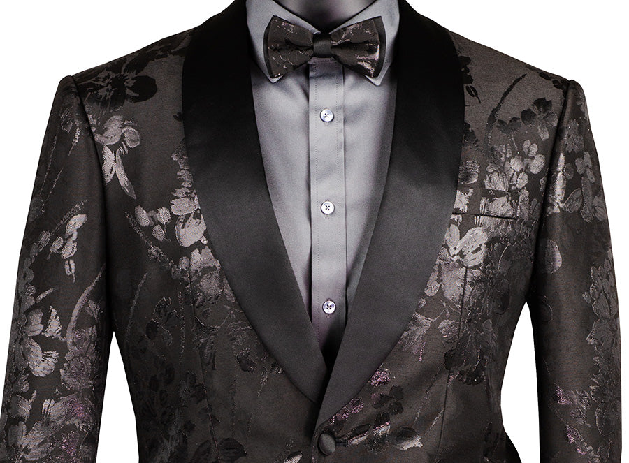 Black Slim Fit Fashion Jacket Shawl Lapel with Bow Tie