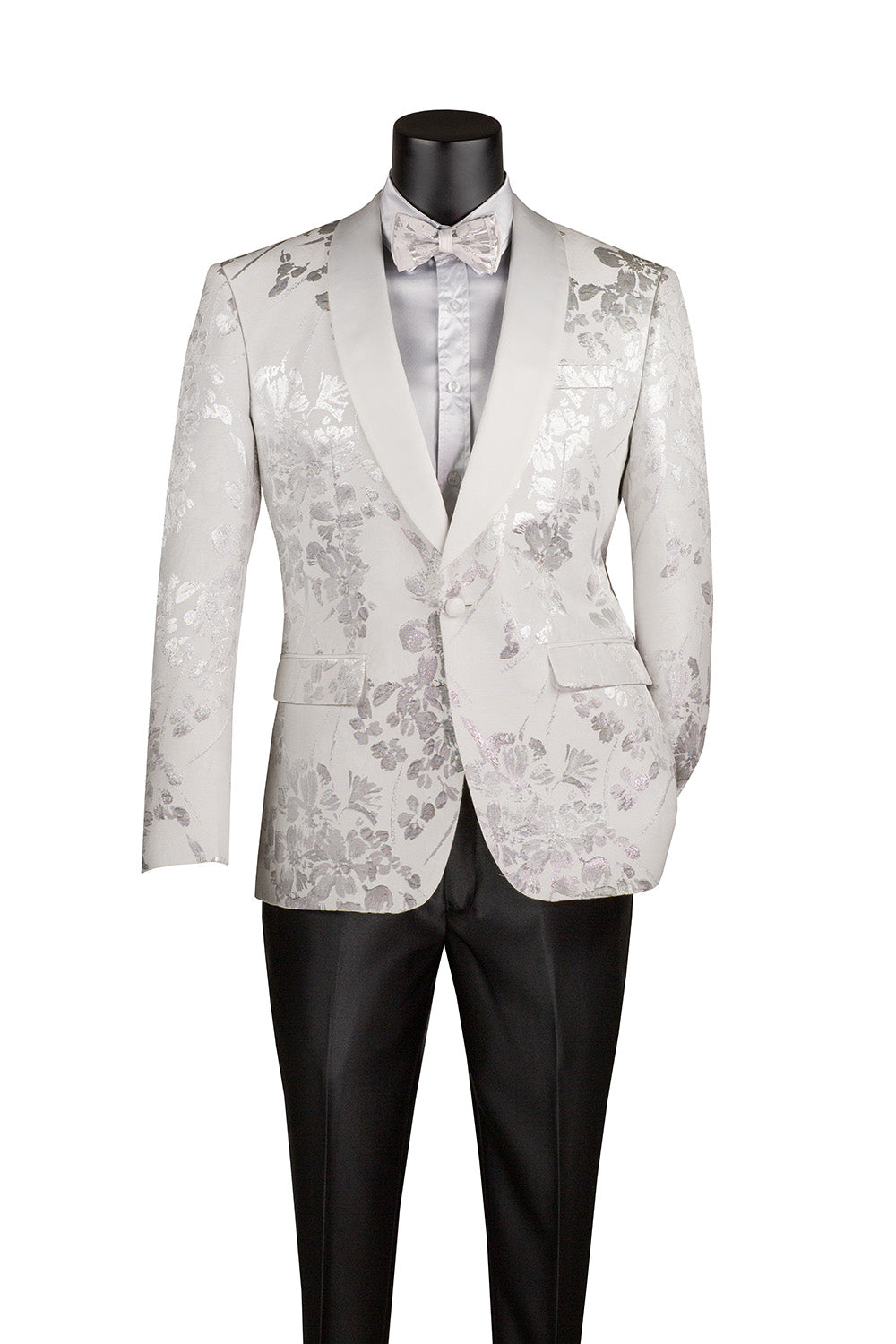 White Slim Fit Fashion Jacket Shawl Lapel with Bow Tie