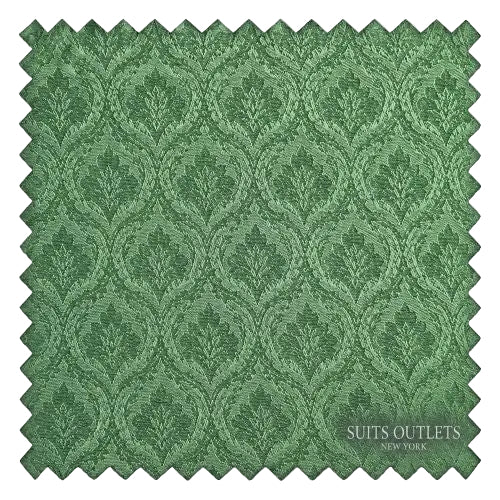 A square green fabric swatch with a repeating damask pattern, shown on a transparent checkerboard background. The text 'SUITS OUTLETS NEW YORK' is printed in the lower right corner of the fabric.