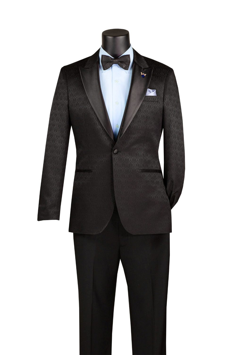 Black Textured Jacquard Peak Lapel Tuxedo Blazer