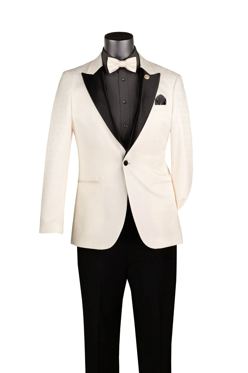 Ivory White Textured Jacquard Peak Lapel Tuxedo Blazer