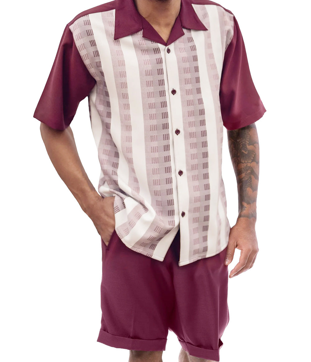 Burgundy Color Striped Walking Suit 2 Piece Short Sleeve Set with Shorts