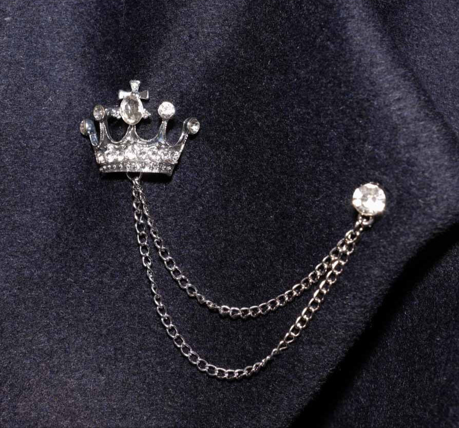 Silver Rhinestone Diamond Double Chain Crown Brooch
