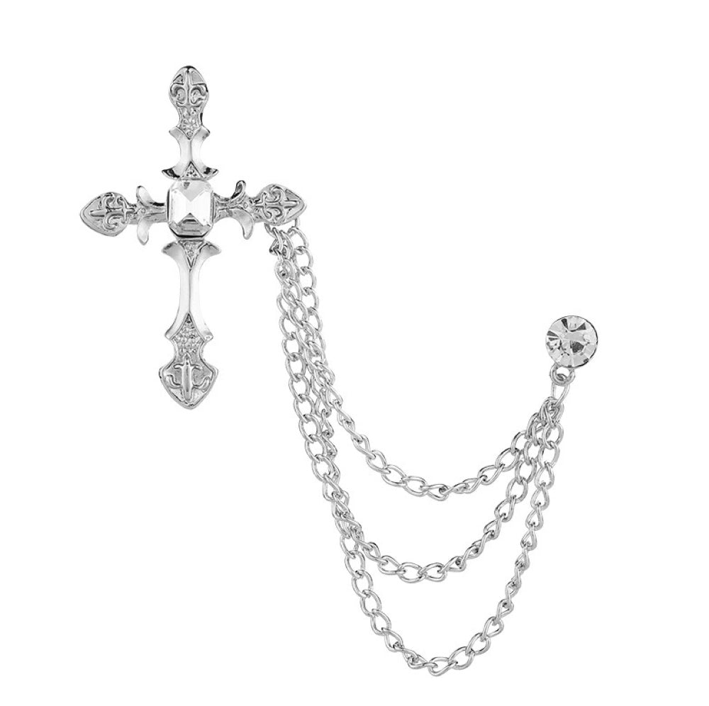 Silver Cross Pendant Diamond Rhinestone Triple Chain Brooch
