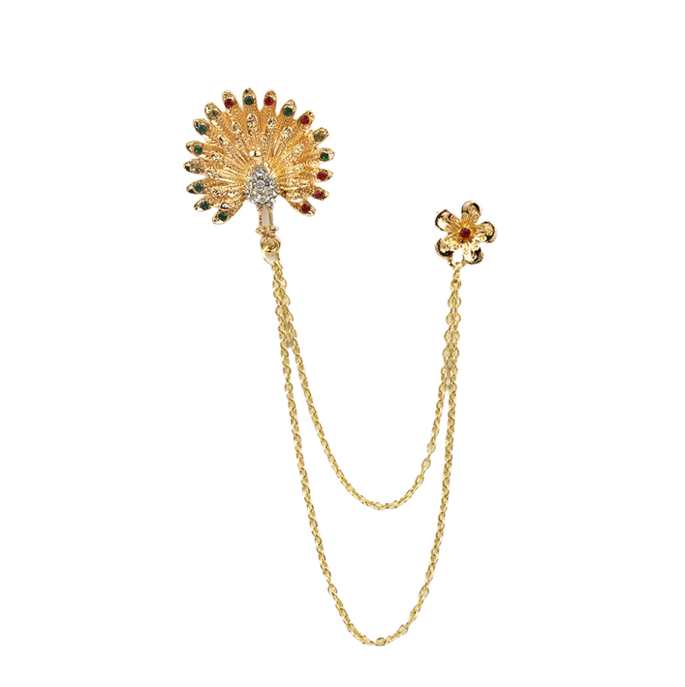 Gold Diamond Rhinestone Peacock Double Chain Brooch
