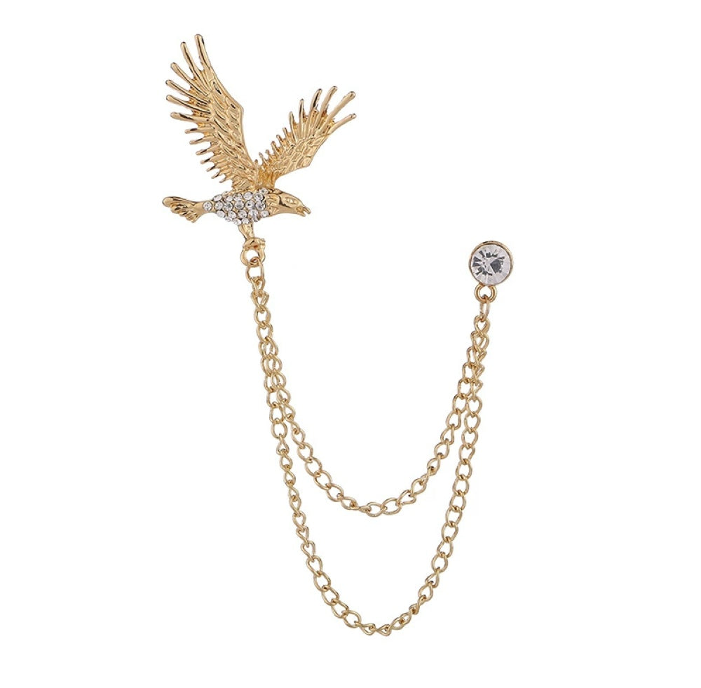 Gold American Eagle Rhinestone Diamonds Double Chain Brooch
