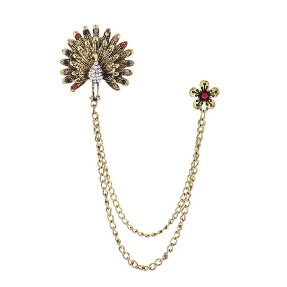 Black/Gold Diamond Rhinestone Peacock Double Chain Brooch
