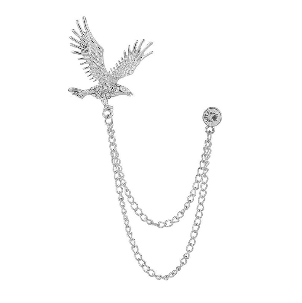 Silver American Eagle Rhinestone Diamonds Double Chain Brooch
