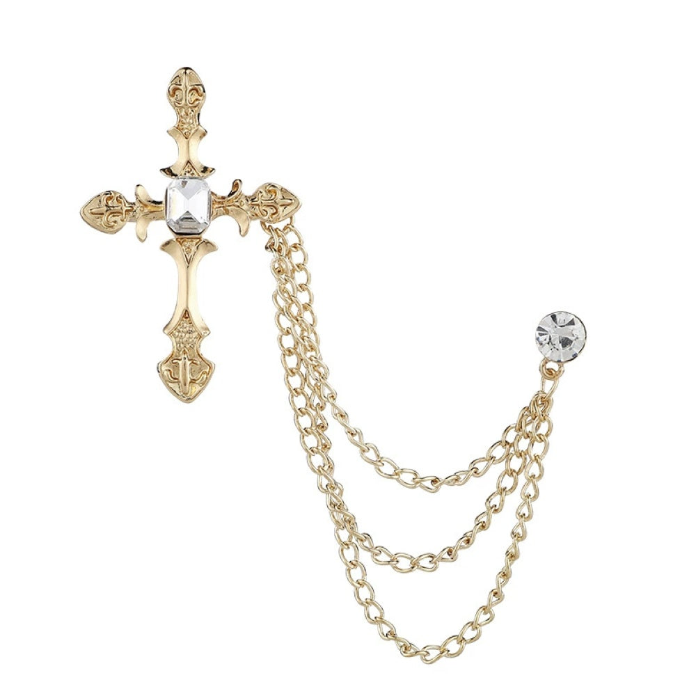 Gold Cross Pendant Diamond Rhinestone Triple Chain Brooch
