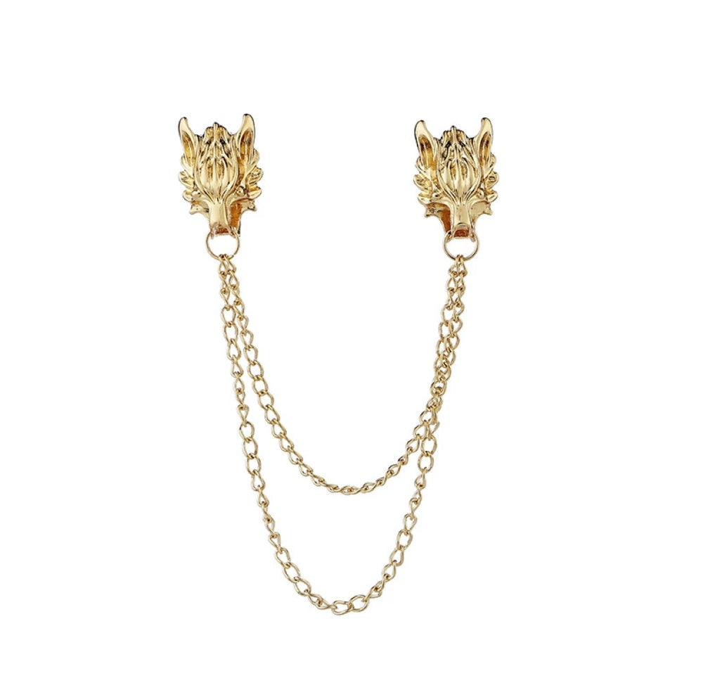 Gold Dragons Head Double Chain Brooch
