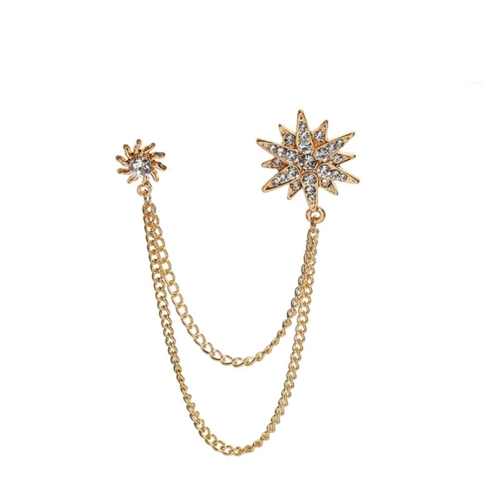 Gold Star Diamond Rhinestone Double Chain Brooch
