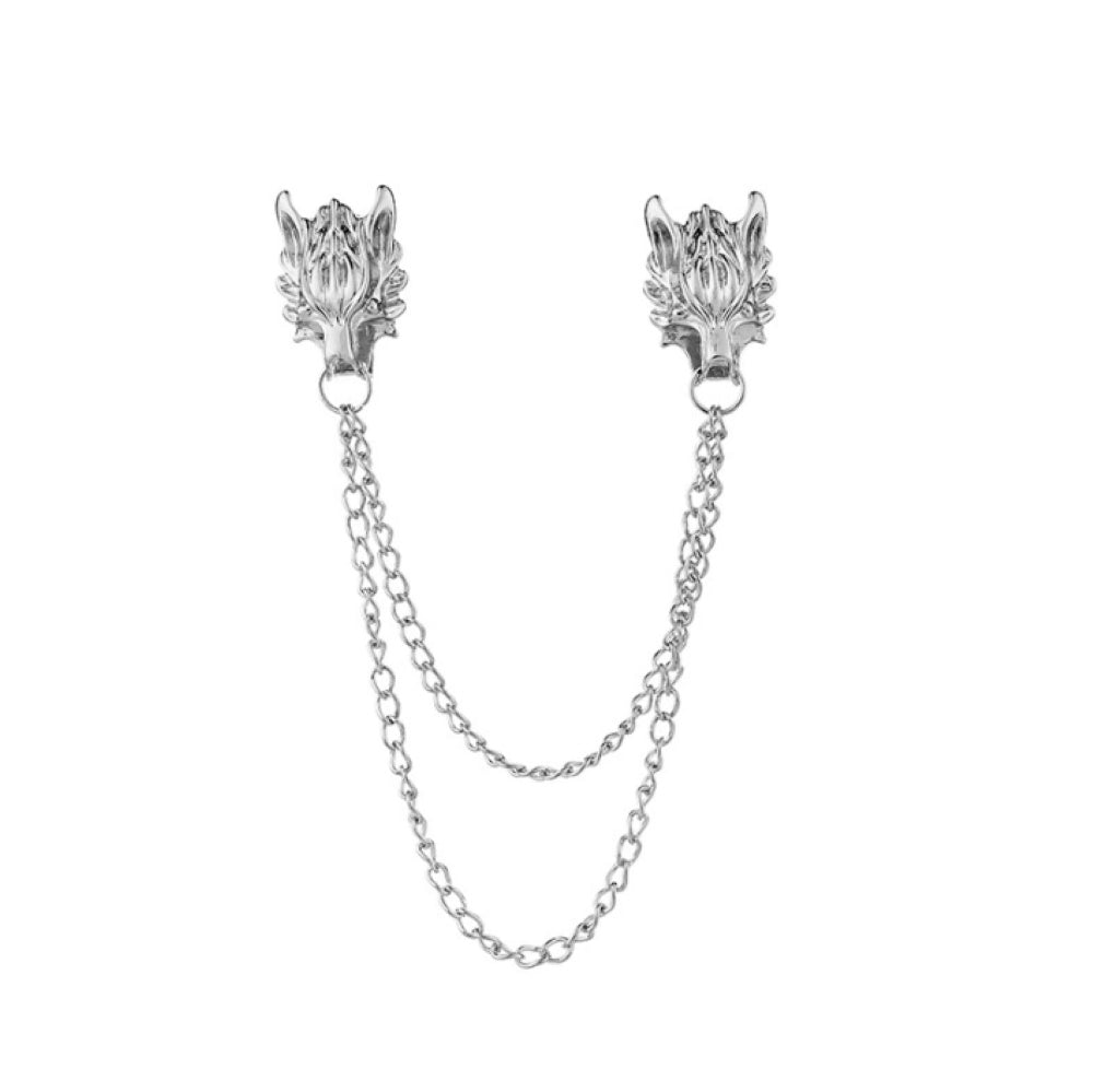 Silver Dragons Head Double Chain Brooch
