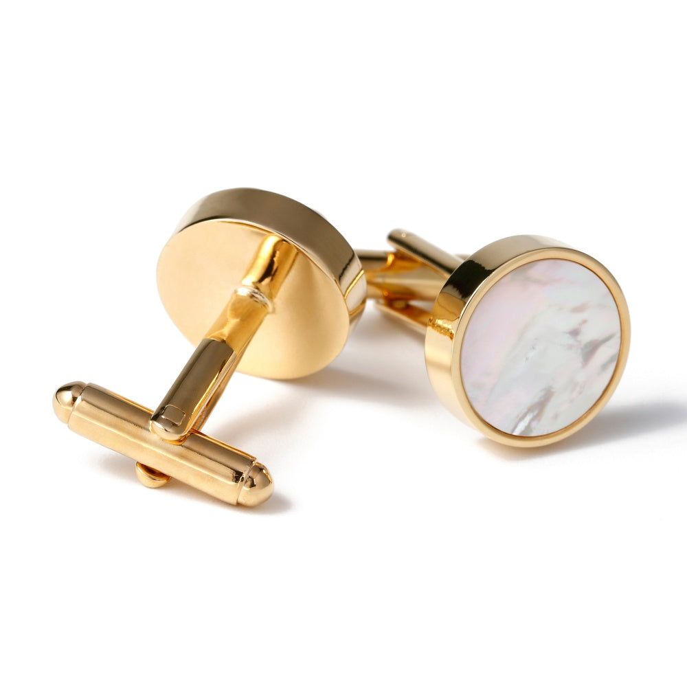 Round Gold White Pearl Cuff Links
