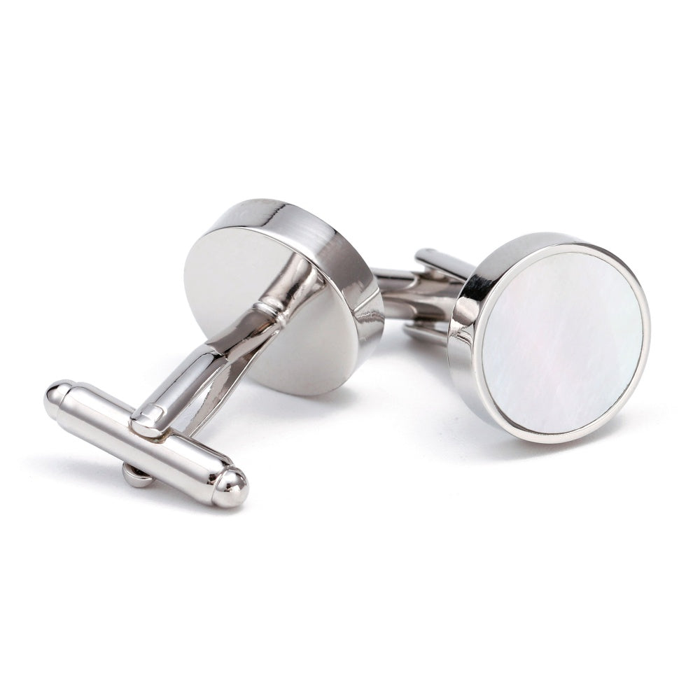 Round Silver White Pearl Cuff Links
