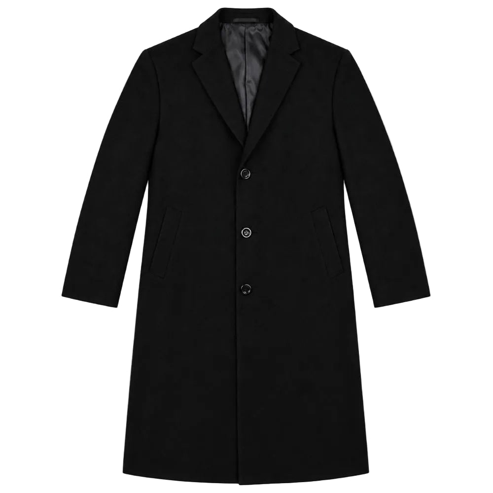 A black mid-length overcoat with notch lapels, three front buttons, and two front patch pockets, shown flat against a white background.