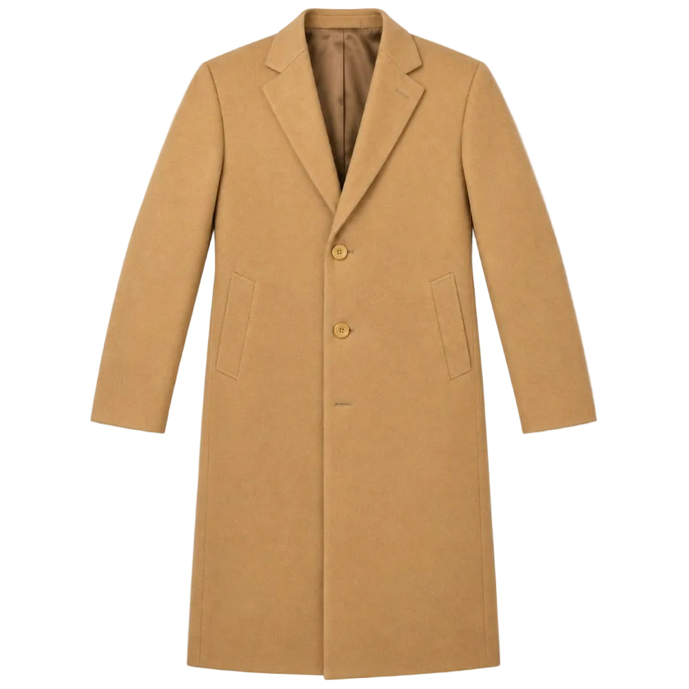 A classic camel-colored wool coat with notch lapels, a three-button front closure, and side pockets, shown flat against a solid white background.