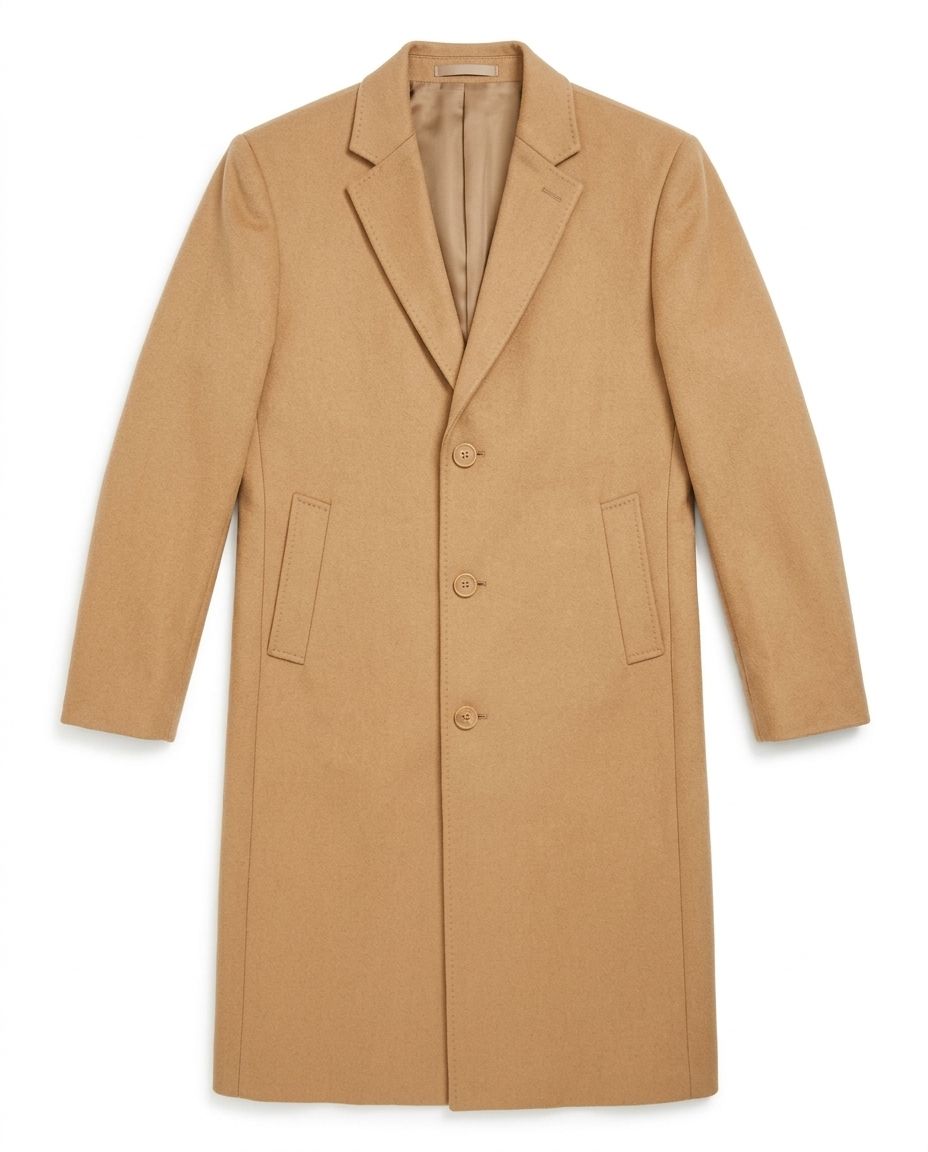 A camel-colored wool-blend coat with notch lapels, three front buttons, and two front patch pockets, shown flat against a plain white background.