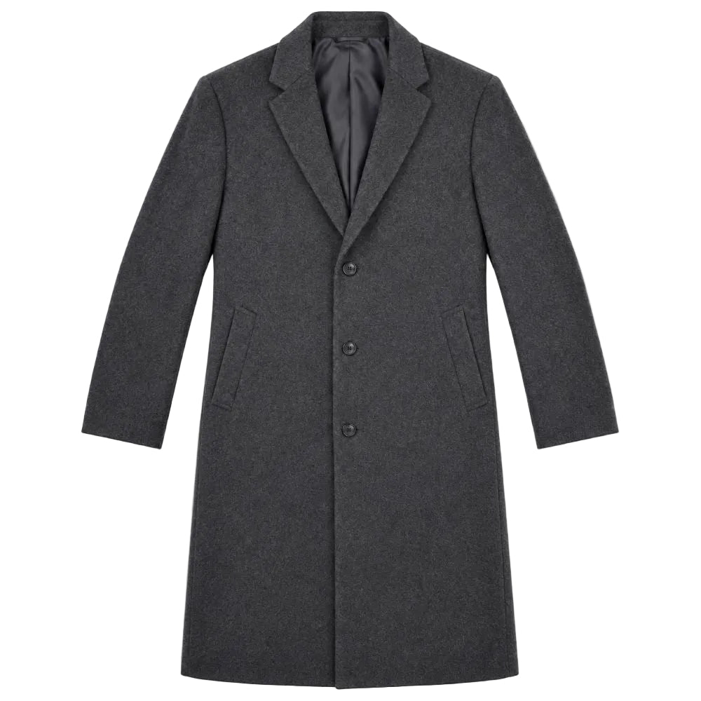 A dark gray wool-blend overcoat with notch lapels, a three-button front closure, and side pockets, shown on a plain white background.