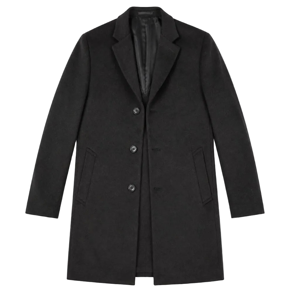 A black wool-blend coat with notch lapels, three front buttons, and side pockets, shown flat against a plain white background.