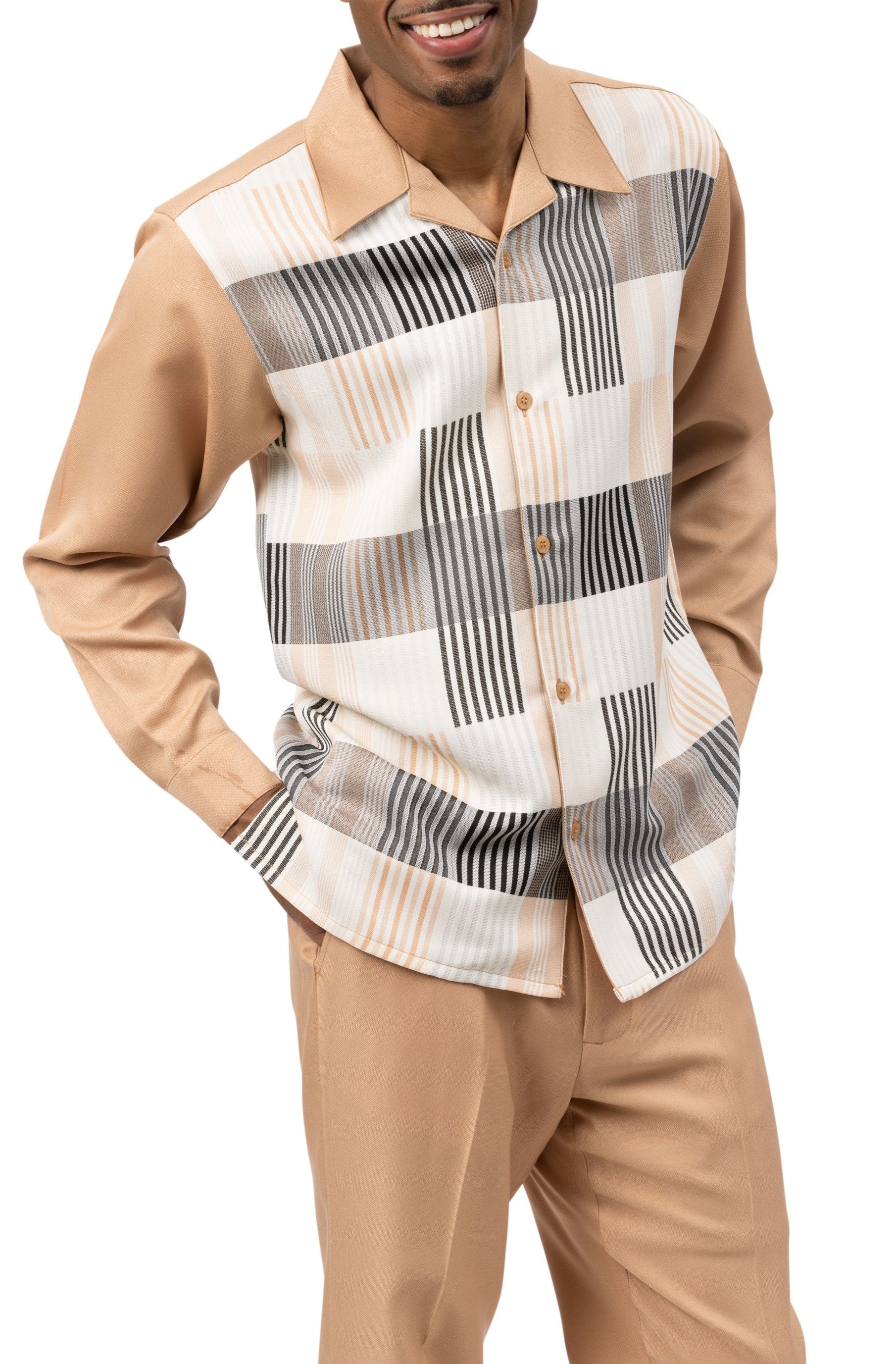 Camel Plaid Long Sleeve Walking Suit