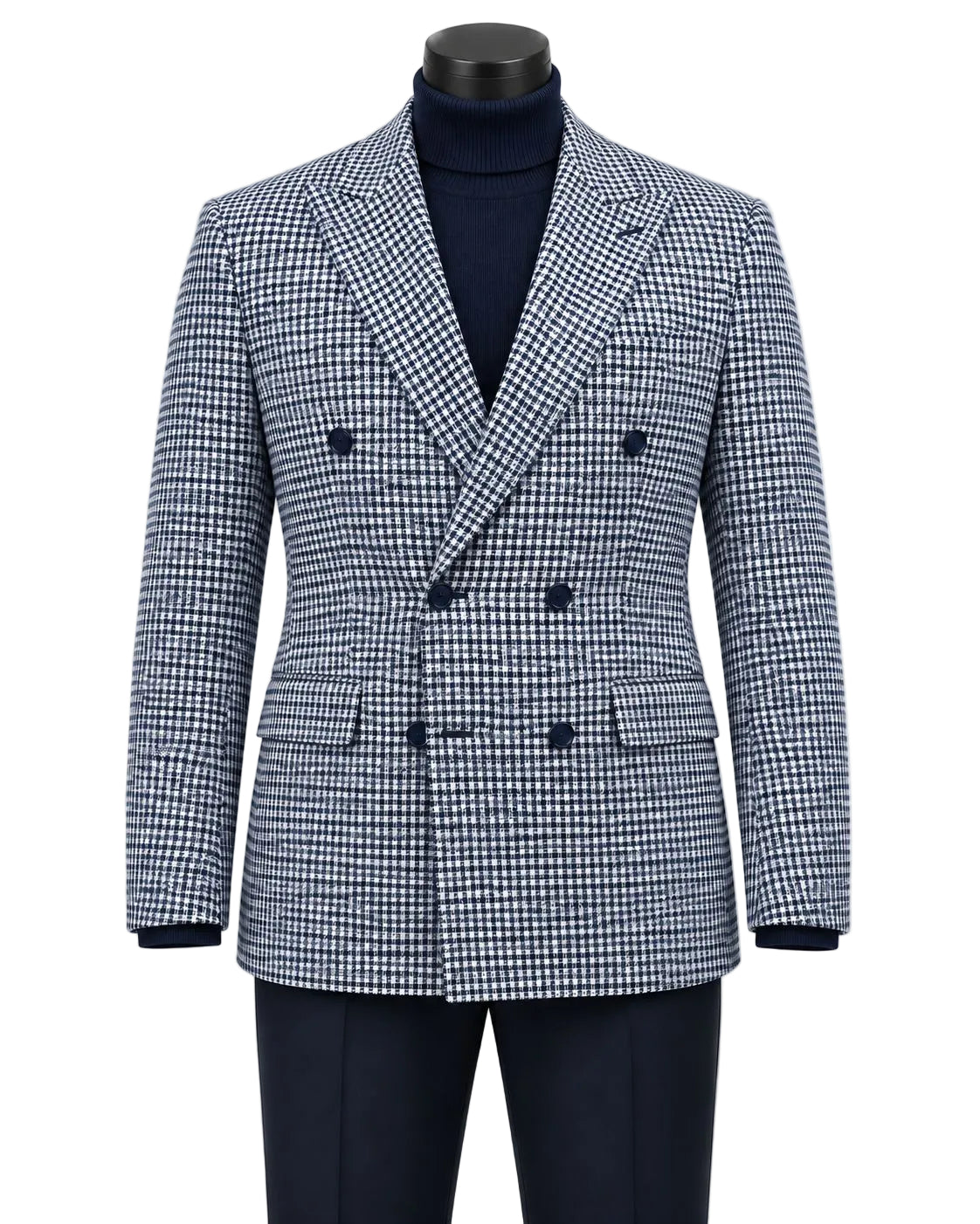 Blue Houndstooth Hybrid Fit Double Breasted Jacket