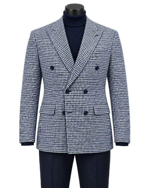 Blue Houndstooth Hybrid Fit Double Breasted Jacket