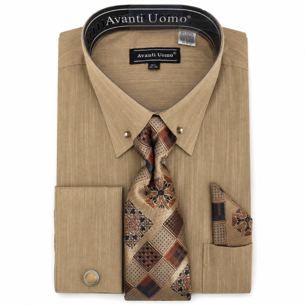 Regular Fit Textured French Cuff Dress Shirt Set - Beige