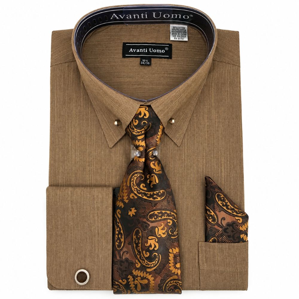 Regular Fit Textured French Cuff Dress Shirt Set - Brown
