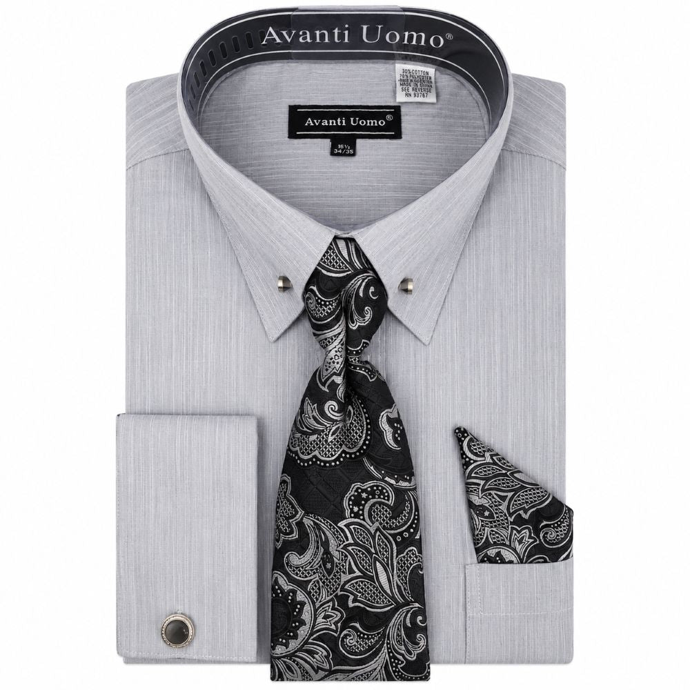 Regular Fit Textured French Cuff Dress Shirt Set - Silver