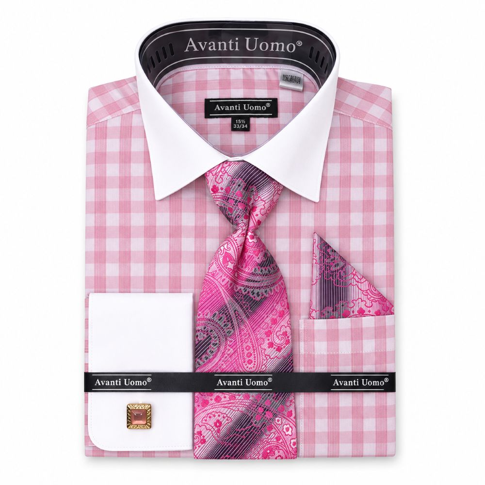 Pink Check Dress Shirt Set with French Cuff